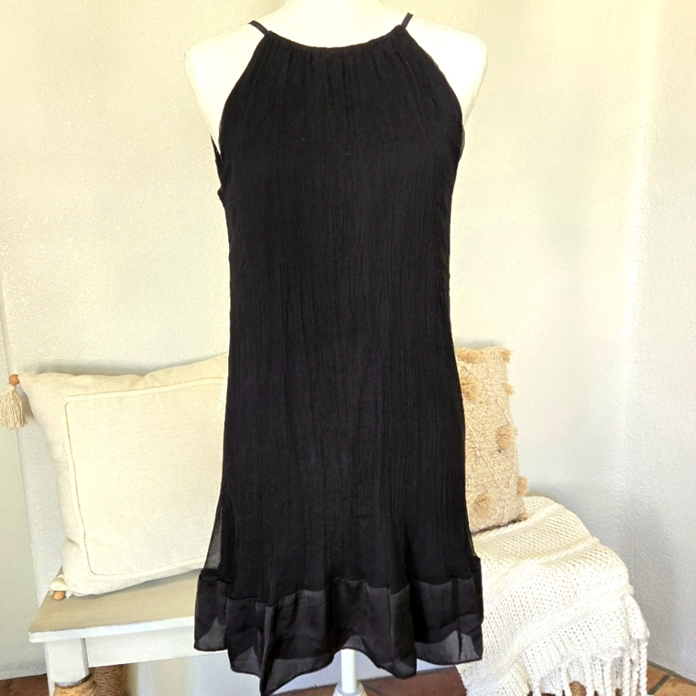 Poppy Garden Classic Black 100% Silk Ruched Stappy  Knee Lengh Dress Size Large